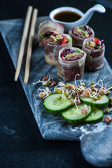 Oriental teriyaki beef bites on marble board