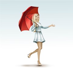Blonde Woman Girl Under the Red Umbrella in Dress