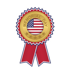 memorial day seal on gold coin and red blue gold 2 ribbon with center flag