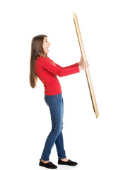 Shocked woman holding copyspace.