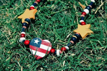 happy 4th of July with the american flag necklace on the green grass