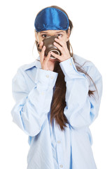 Morning woman in big shirt drinking coffee.