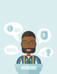  Black speaker stand behind a podium.