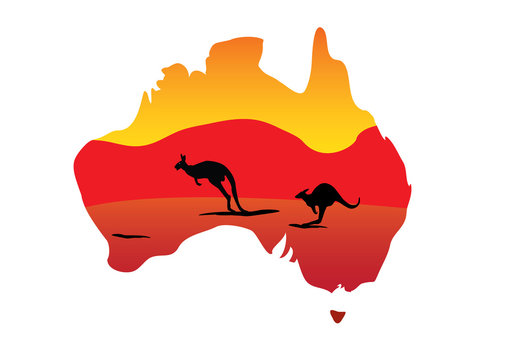Australia map and two hopping kangaroo
