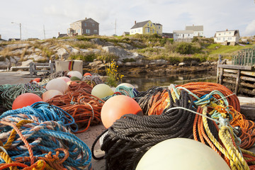 fishing bouys and nets by fishing villiage