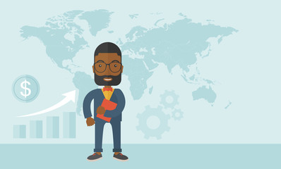 Black man holding red notebook.