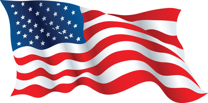 Illustration of a full flag of the United States of America waving in the wind creating ripples and waves of stars and stripes.