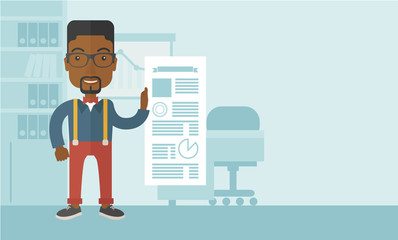 Black man happy standing inside his office.