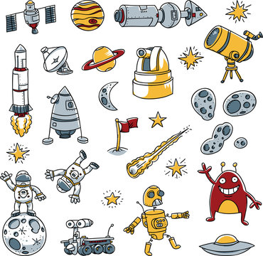 A collection set of cartoon space images with Saturn, planet, rockets, moons, astreroidsm astronauts, an alien, robot, stars, satellites, rover, observatory, Jupiter and a flag.