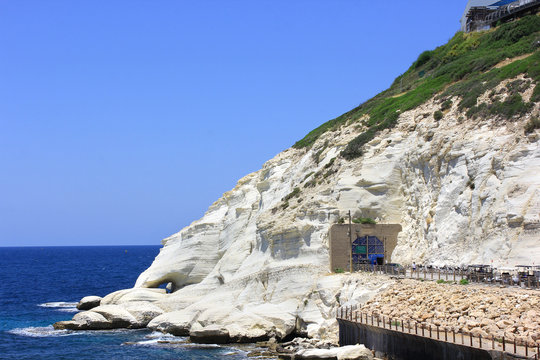 nature reserve Rosh HaNikra is a geologic formation in Israel, located on the coast of the Mediterranean Sea, in the Western Galilee near the border with Lebanon