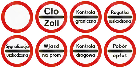Collection of Polish traffic signs including no thoroughfare and various stop signs for toll collection, police control, etc