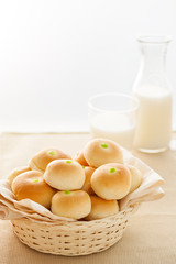 solf bun with green custard stuff in basket