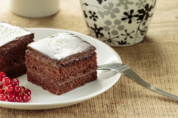 Chocolate cake cut in square shape