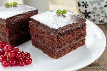 Chocolate cake cut in square shape