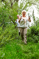 Paar Senioren beim Nordic Walking
