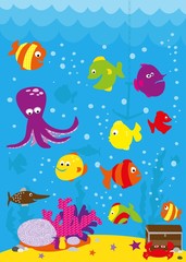Underwater scene with  fish, crab, octopus, bubbles and pirate chest