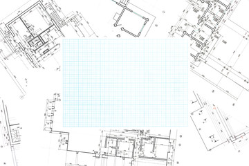 blue grid graph paper with blueprints background