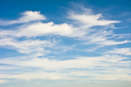 Fototapeta Białe, malownicze obłoki na tle błękitnego nieba  w słoneczny dzień 