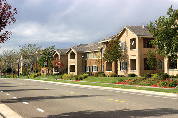 Modern apartment complex in suburban neighborhood