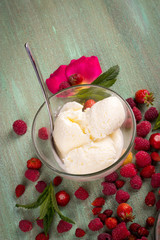 ice cream in transparent glass plates scattered around the raspb