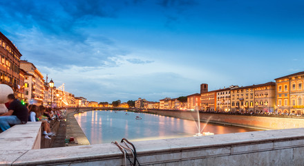 Pisa, Italy. Lungarno Mediceo and Galilei at dusk during Luminar