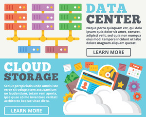 Data center, cloud storage flat illustration concepts set