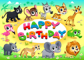 Happy Birthday card with Jungle animals