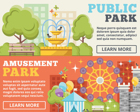 Public park, amusement park flat illustration concepts set