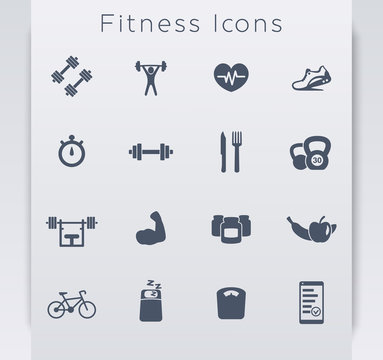 16 fitness, gym, sport, workout, healthy living flat blue icons, eps10