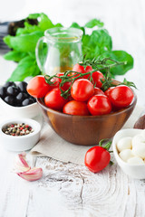 Tomatoes and mozzarella with basil leaves