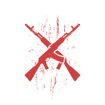 crossed assault rifles grunge design, isolated in red and white