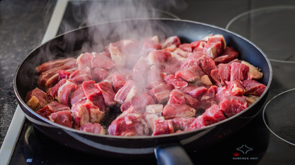 Frying beef on pan