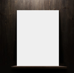dark wooden background texture.wall with shelf and blank poster