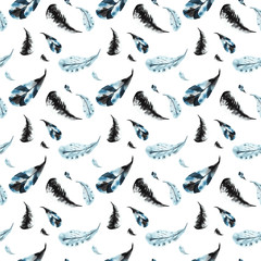 Seamless pattern of hand-painted watercolor black feathers on a