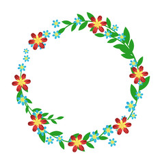 Isolated vintage floral frame wicker wreath with blue and red flowers. Vector illustration