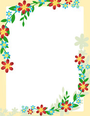 Blank vertical frame decorated with green leaves and red blue flowers in the corners. Vector illustration