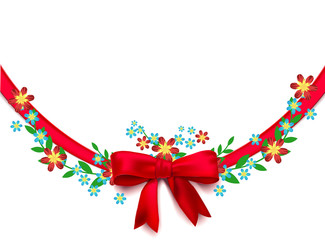 Vintage isolated red ribbon tied in a bow decorated with leaves and blue flowers. Vector illustration