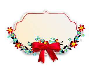 Isolated vintage banner decorated with a floral frame with a bow and red and blue flowers. Vector illustration