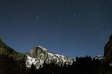 Half dome at Yosemite on a clear, starry, winter night