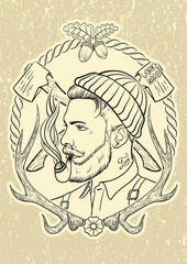 Hand drawn with lumberjack tobacco pipe.