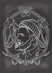 Hand drawn lumberjack with tobacco pipe.