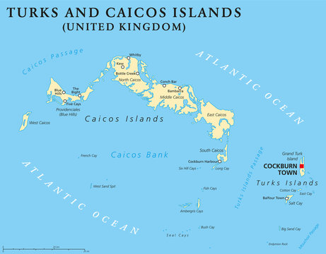 Turks and Caicos Islands political map with capital Cockburn Town. British Overseas Territory with two groups of tropical islands in the Lucayan Archipelago. English labeling.