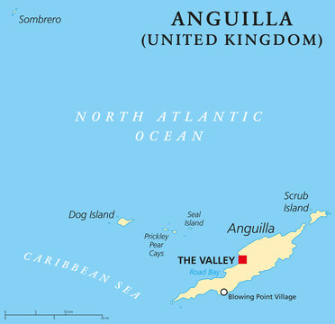 Anguilla Political Map with capital The Valley. British Overseas Territory in the Caribbean, most northerly of the Leeward Islands in the Lesser Antilles. English labeling and scaling. Illustration.