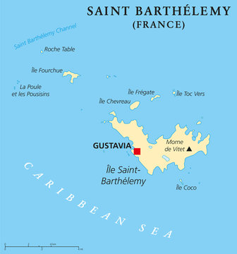Saint Barthelemy political map with capital Gustavia, also called St. Barts or St. Barths is an overseas collectivity of France. English labeling and scaling. Illustration.