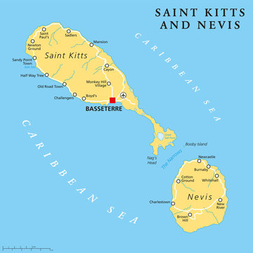 Saint Kitts and Nevis political map with capital Basseterre is a two-island country in the West Indies, located in the Leeward Islands. English labeling and scaling. Illustration.