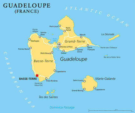 Guadeloupe Political Map with capital Basse-Terre, an overseas region of France, located in the Leeward Islands, part of the Lesser Antilles in the Caribbean. English labeling.