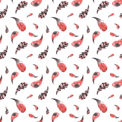 Seamless pattern of hand-painted watercolor red and pink feather