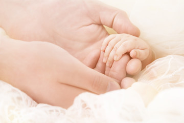 Fototapeta na wymiar Baby Hand, Mother Hold New Born Child, Parent Touch Newborn Kid