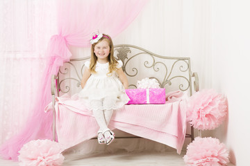 Kid Little Girl Portrait, Smiling Child Pink Present Decorated Gift Box