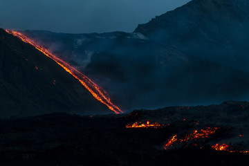 Lava flow of night. Eruption of Etna volcano's May 16, 2015